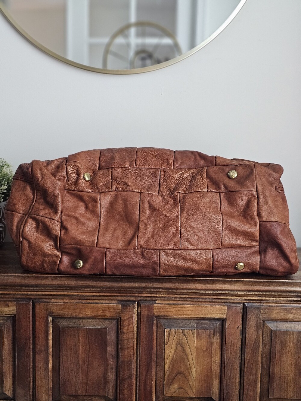 Vintage Genuine Leather Patchwork Weekender Duffel Travel Bag Cognac Brown Large - Picture 8 of 15